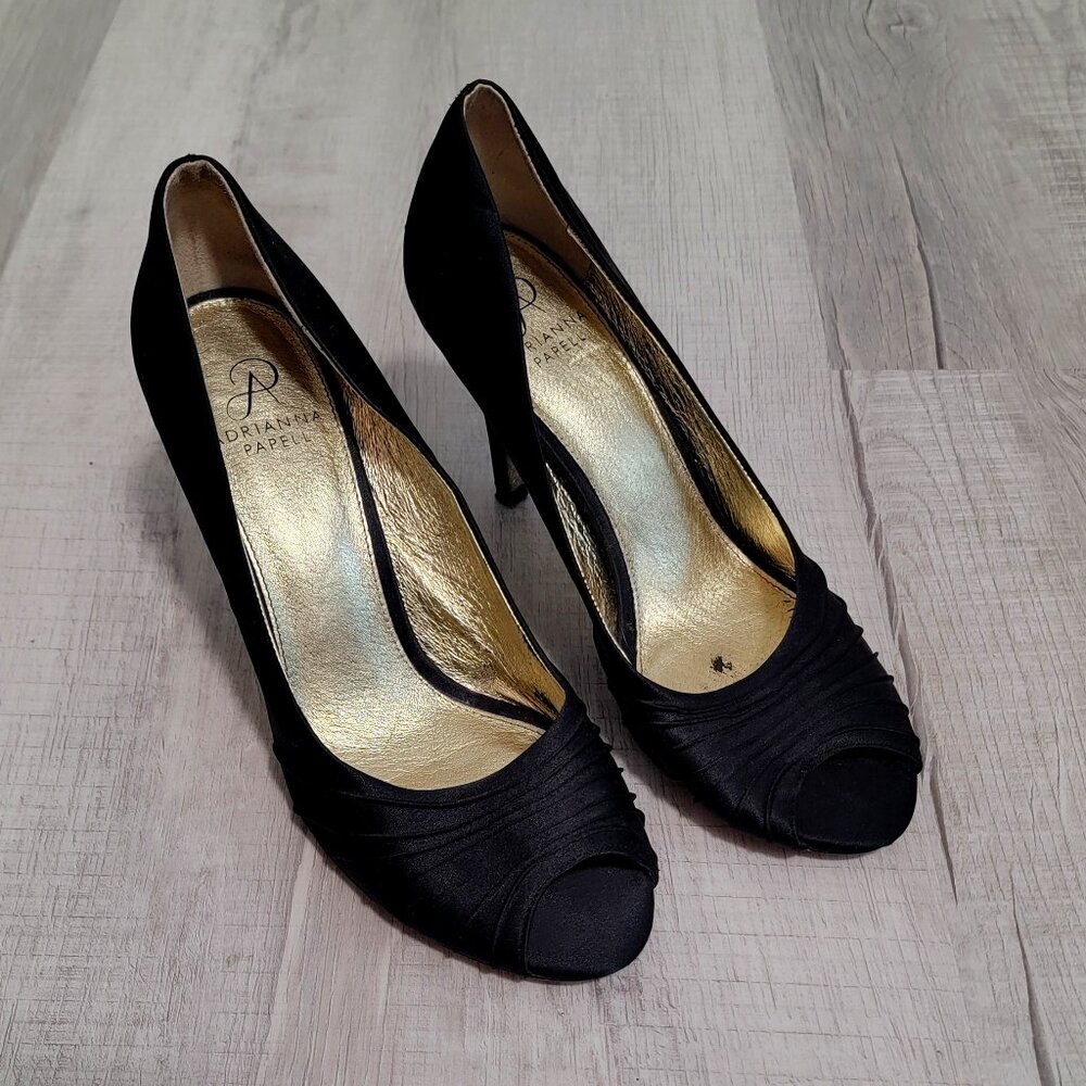 Adrianna Papell Black Satin peep toe heels